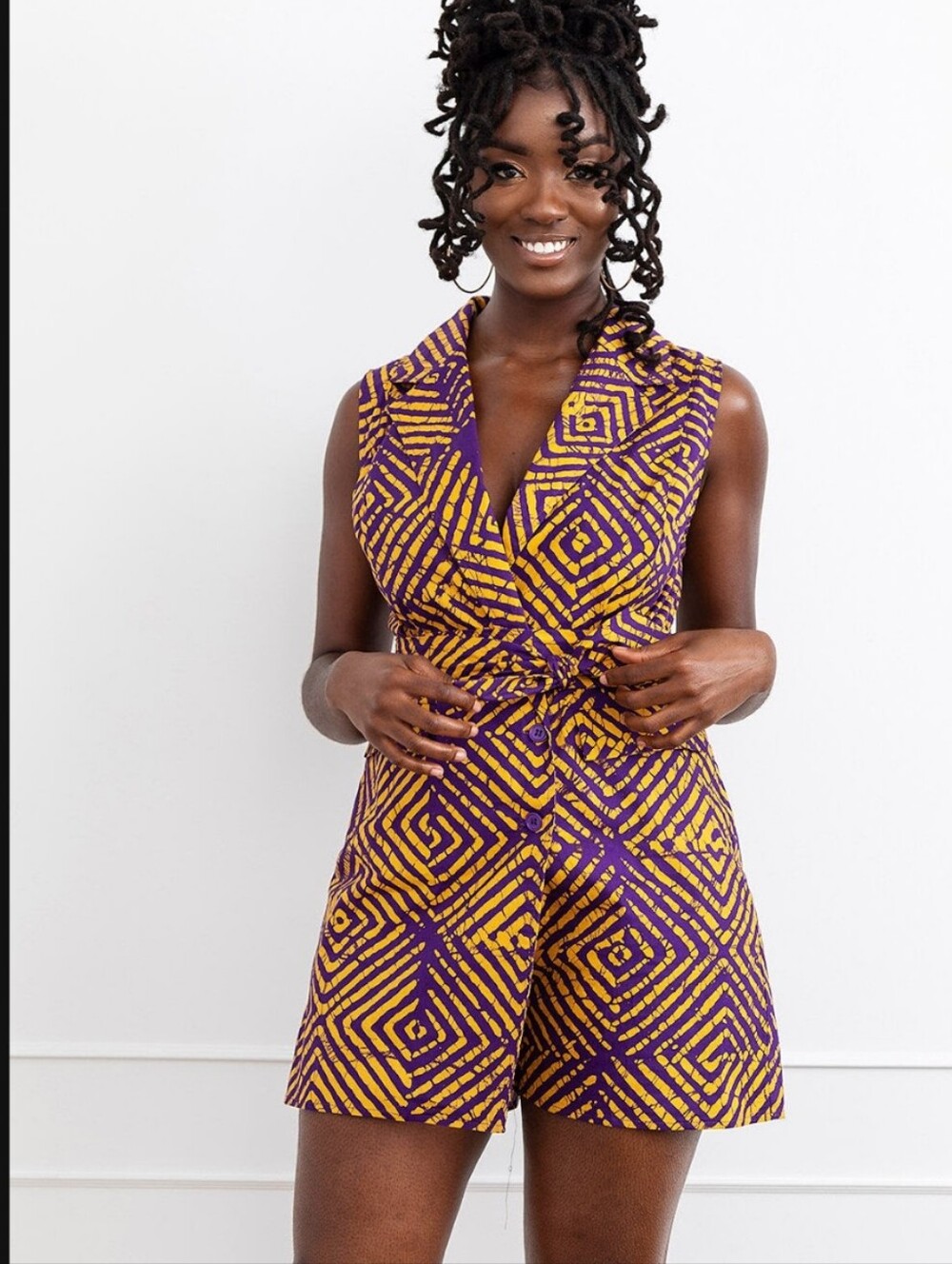 Chichima Women's African Print Blazer Romper (Purple Diamond Adire)